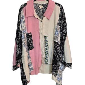 POL Boutique Patchwork Distressed Shacket - Pink, Cream & Bandana Print (Size L)